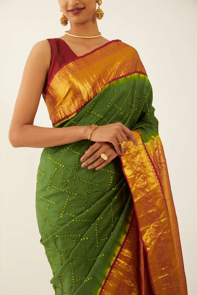Dark Green Pure Silk Bandhani Saree image number