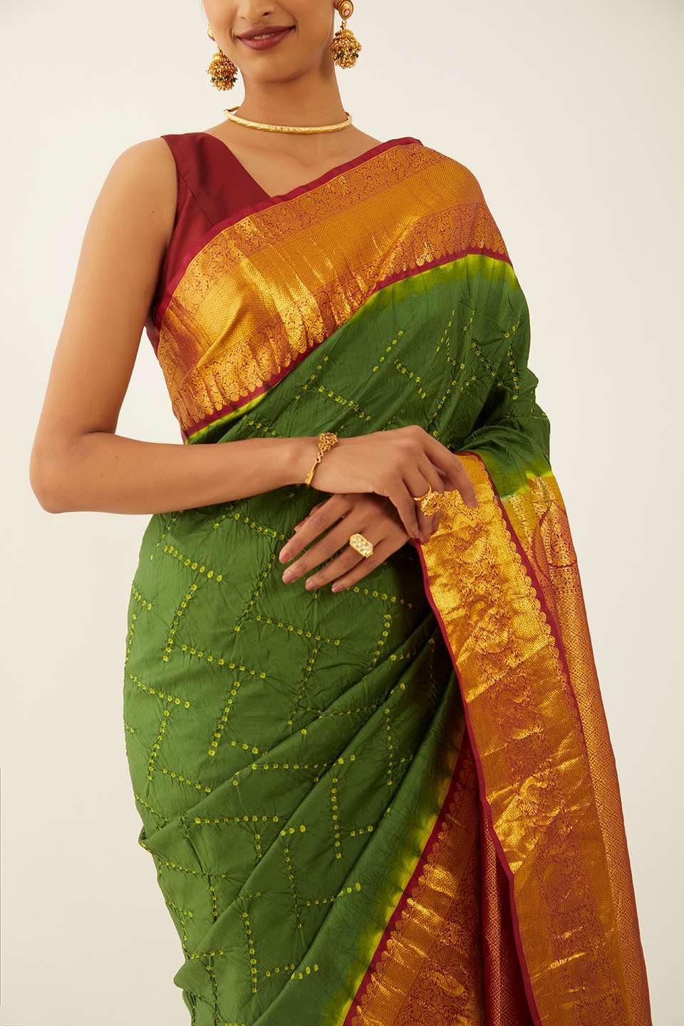 Dark Green Pure Silk Bandhani Saree