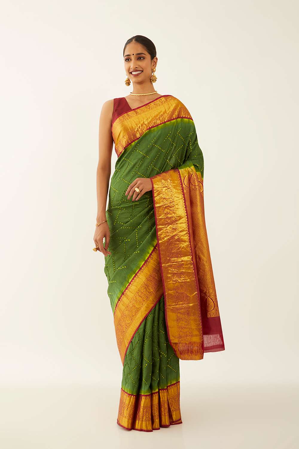 Dark Green Pure Silk Bandhani Saree image number null