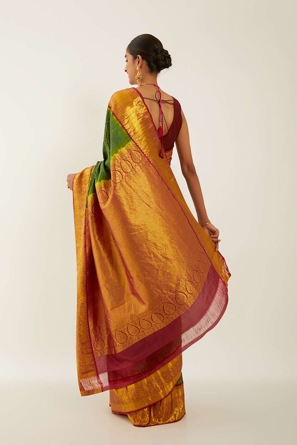 Dark Green Pure Silk Bandhani Saree image number null