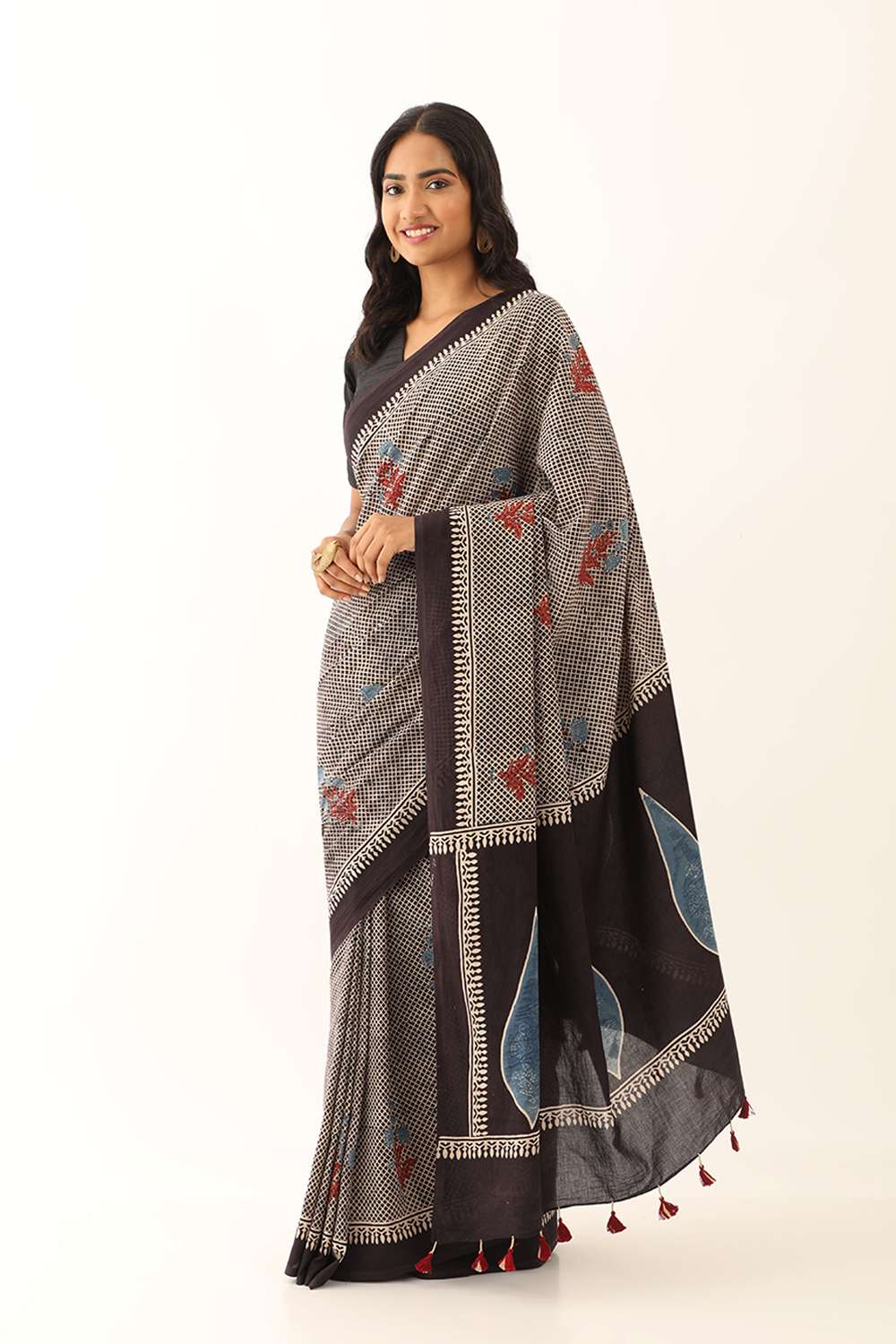 Black Cotton Ajrakh Saree image number null