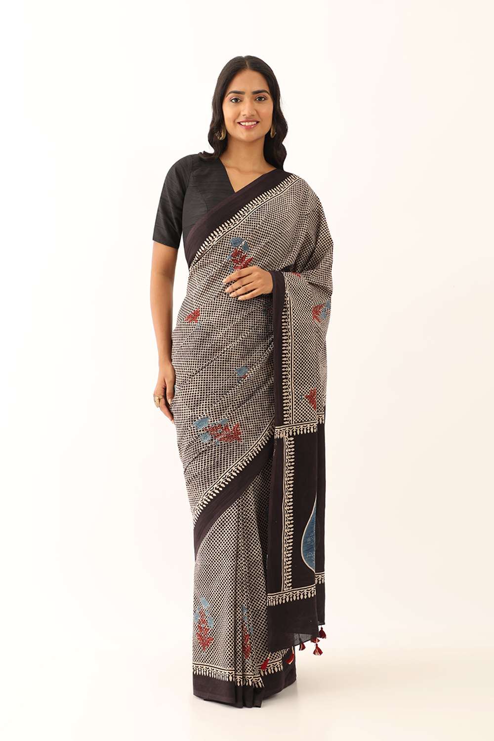 Black Cotton Ajrakh Saree image number null