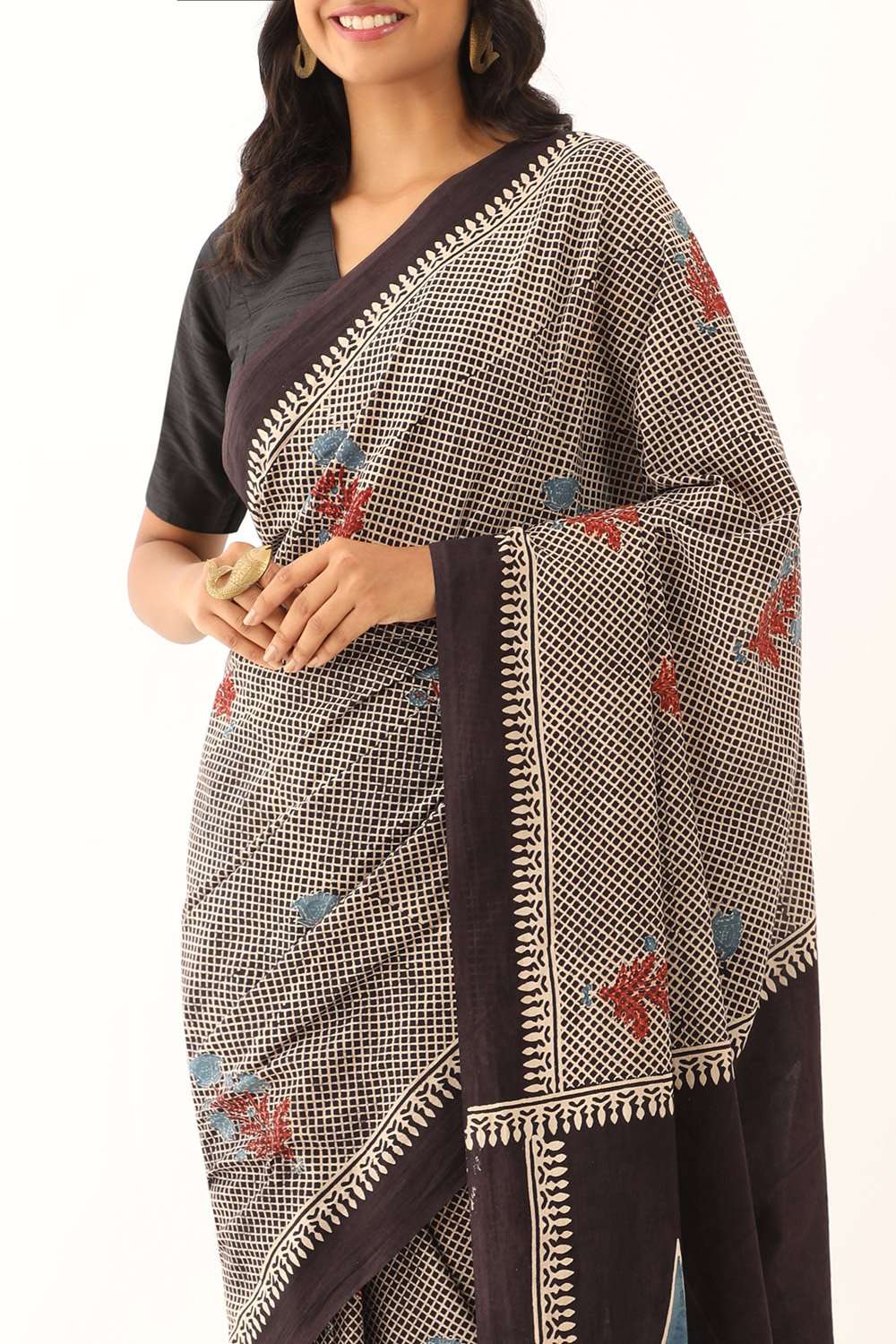 Black Cotton Ajrakh Saree image number null