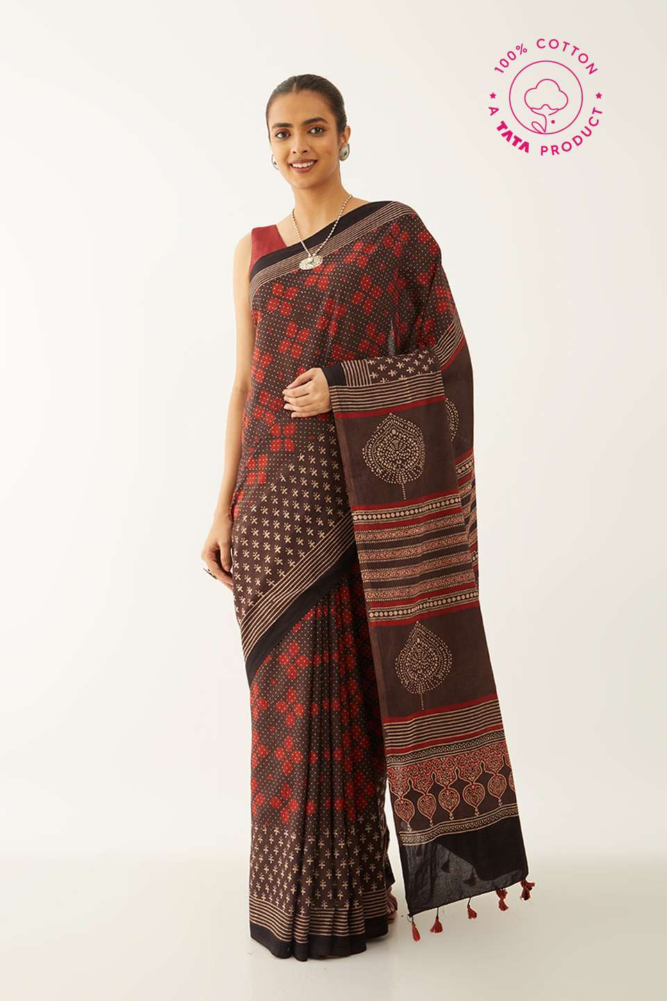 Maroon Pure Cotton Ajrakh Block Print Saree