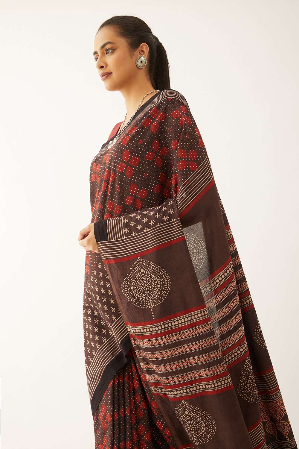 Maroon Pure Cotton Ajrakh Block Print Saree image number null