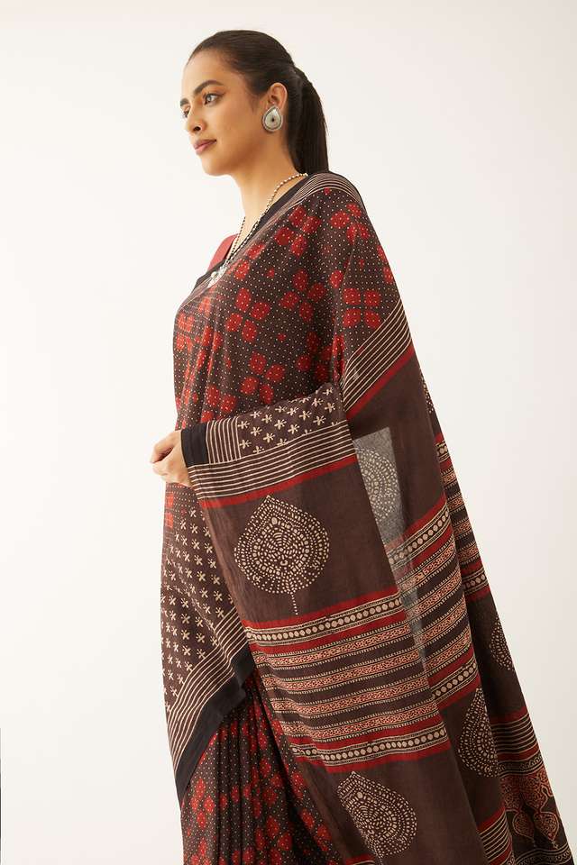 Maroon Pure Cotton Ajrakh Block Print Saree thumbnail image number null