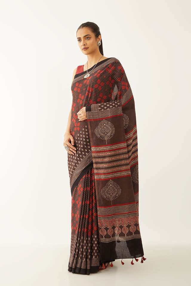 Maroon Pure Cotton Ajrakh Block Print Saree thumbnail image number null