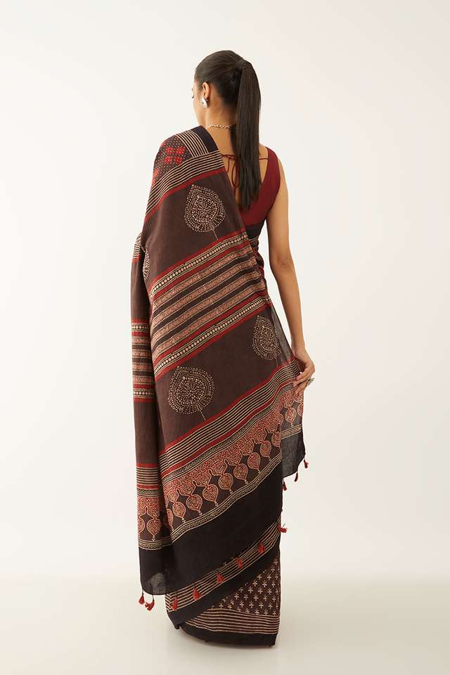 Maroon Pure Cotton Ajrakh Block Print Saree thumbnail image number null