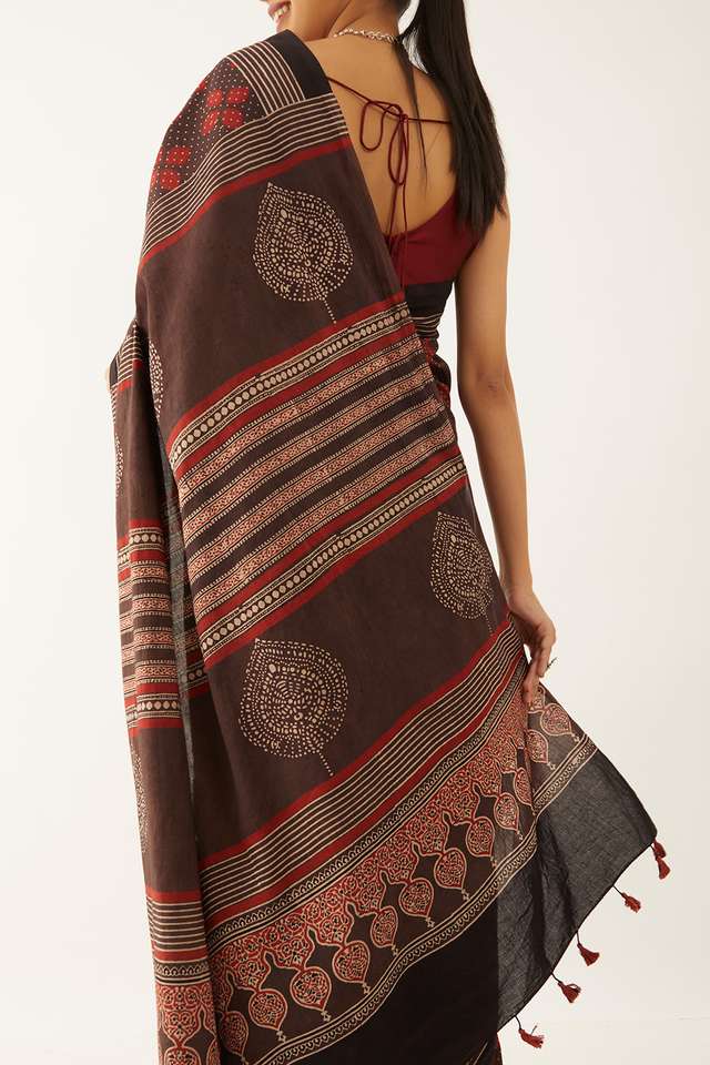 Maroon Pure Cotton Ajrakh Block Print Saree thumbnail image number null