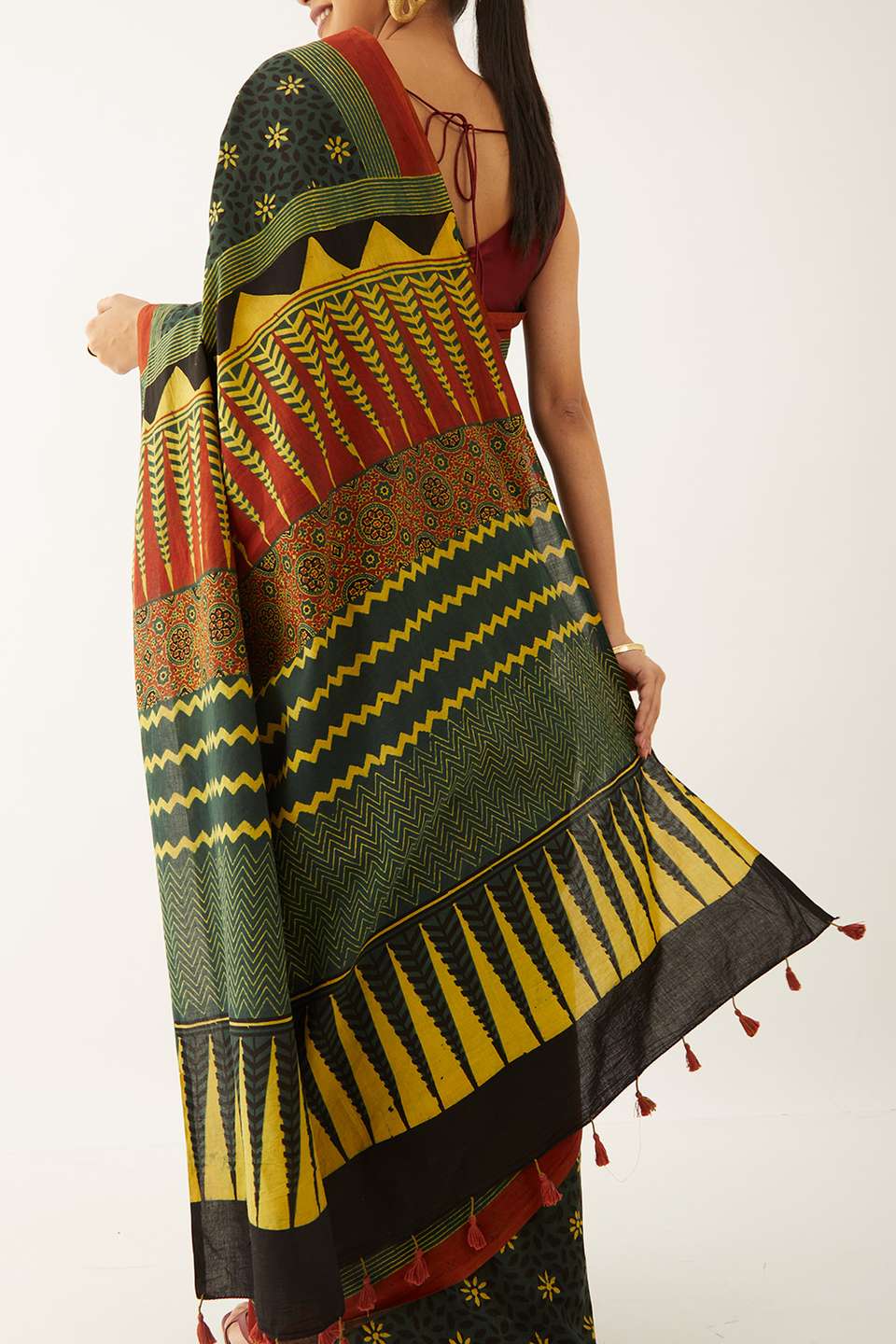 Green Pure Cotton Ajrakh Block Print Saree