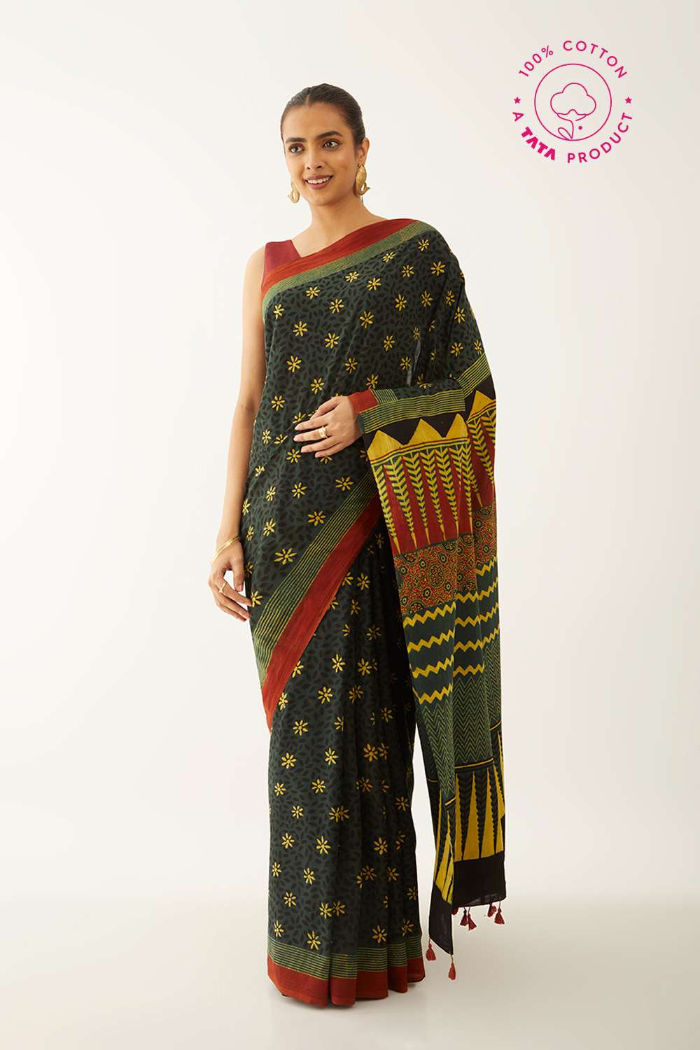 Green Pure Cotton Ajrakh Block Print Saree image number null