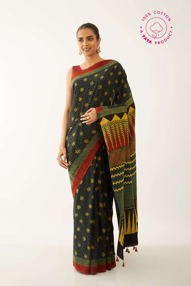 Green Pure Cotton Ajrakh Block Print Saree thumbnail image number null