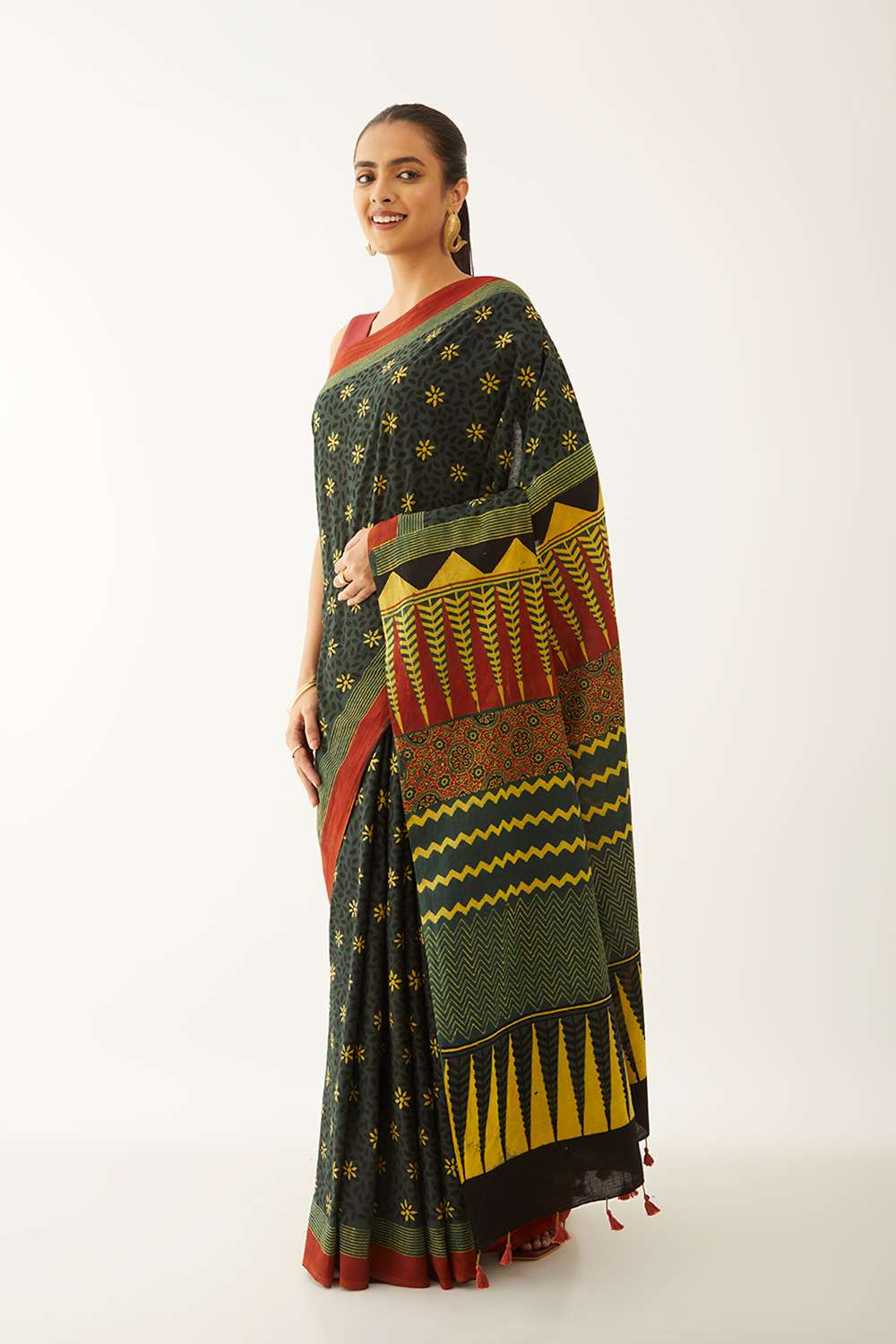 Green Pure Cotton Ajrakh Block Print Saree image number null