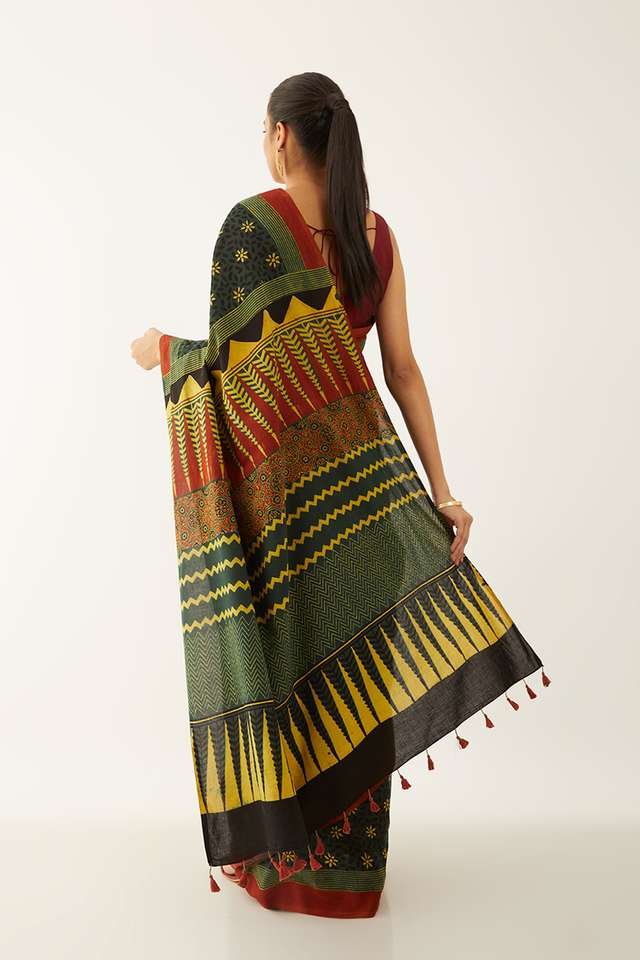 Green Pure Cotton Ajrakh Block Print Saree thumbnail image number null