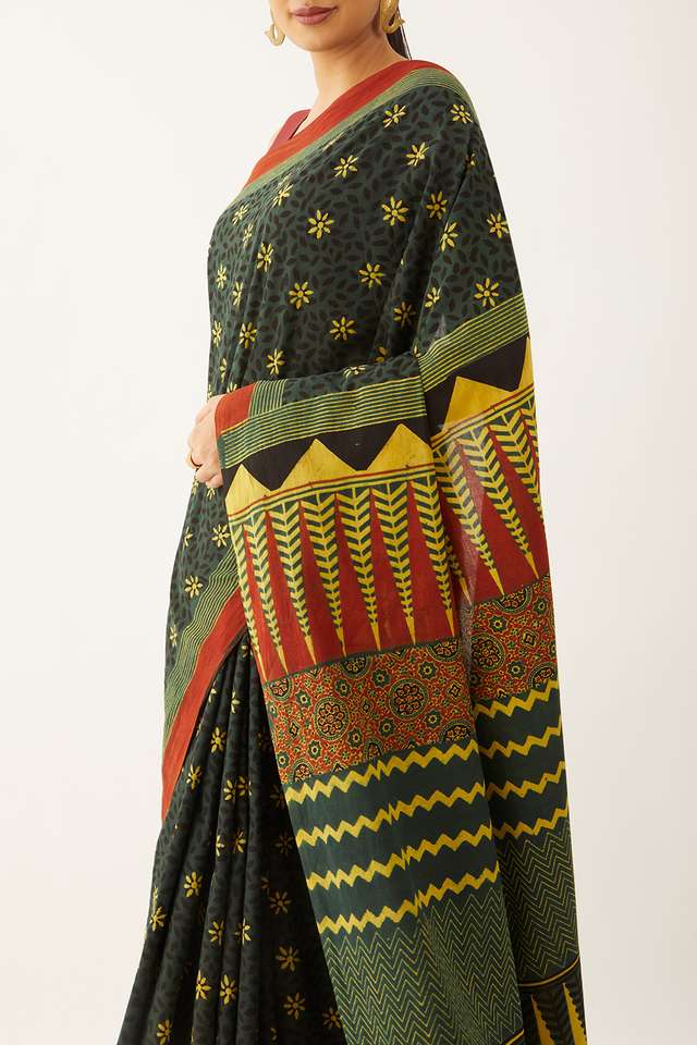 Green Pure Cotton Ajrakh Block Print Saree thumbnail image number null