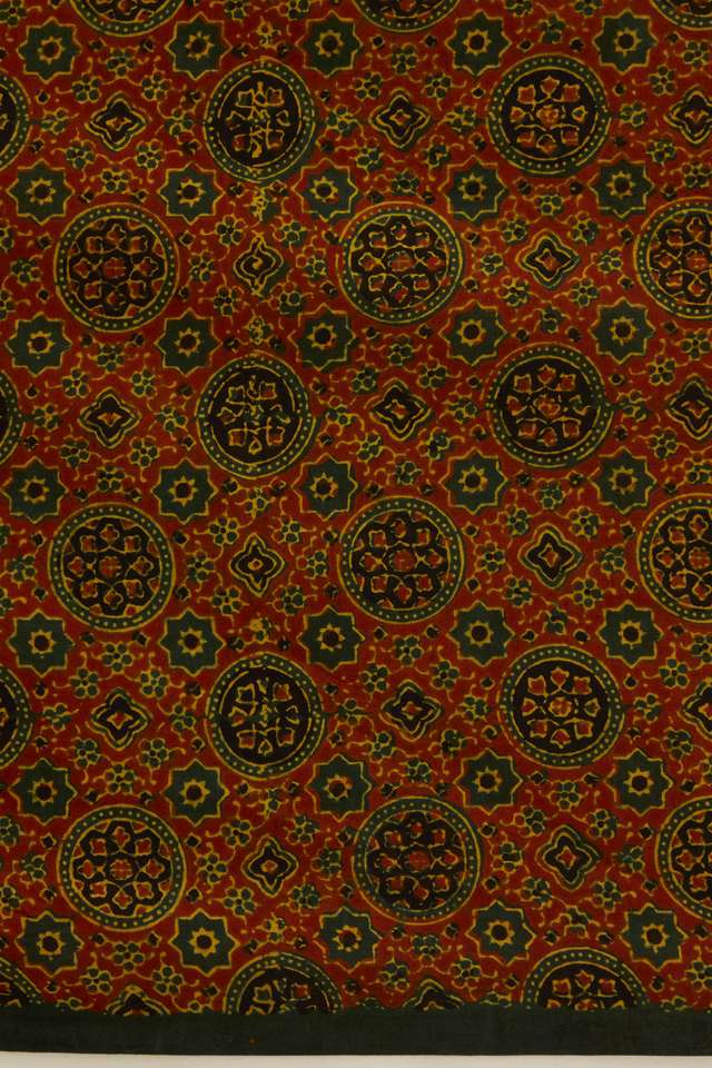 Green Pure Cotton Ajrakh Block Print Saree thumbnail image number null