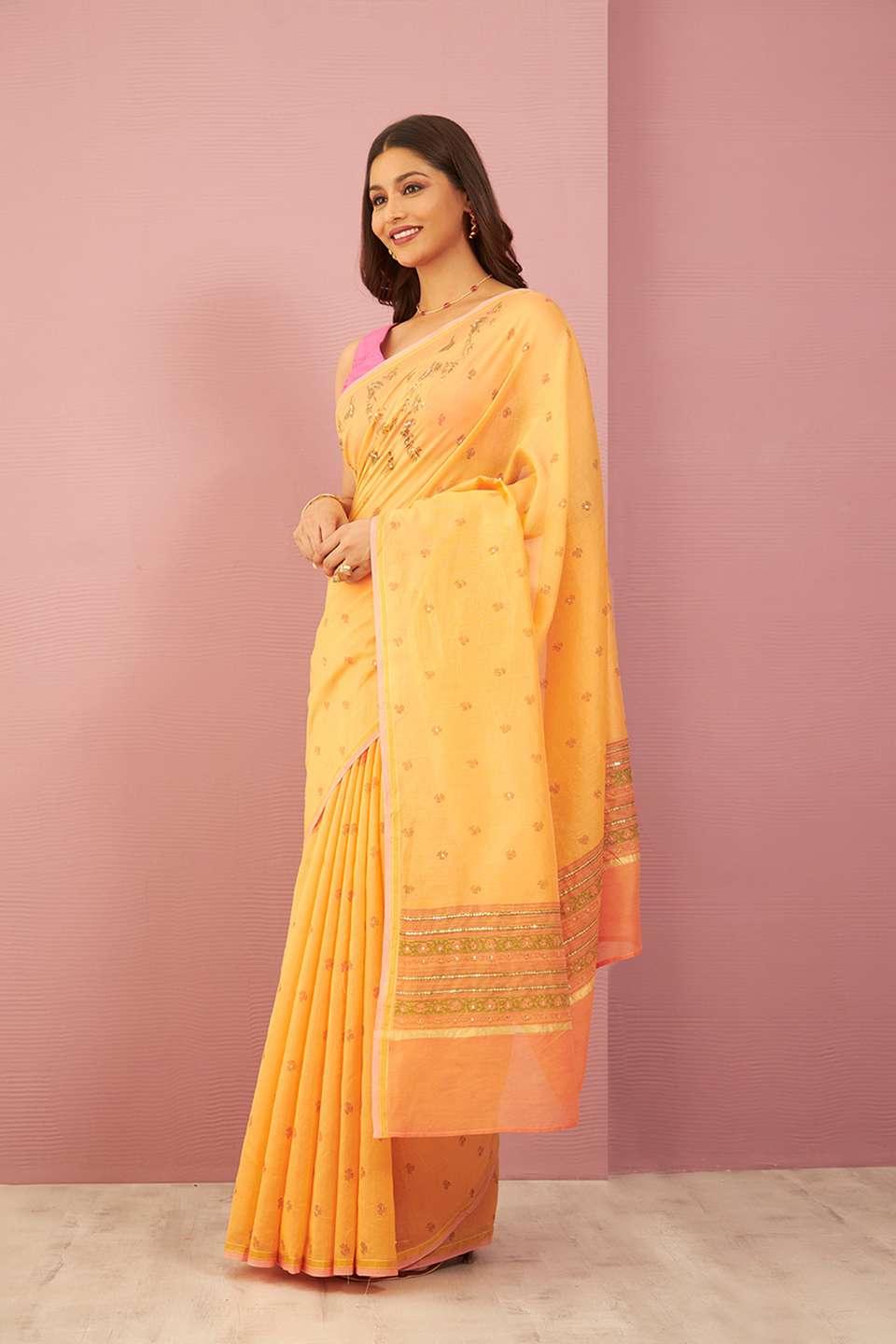 Orange Contemporary Pure Silk Cotton Printed Sanganeri Saree