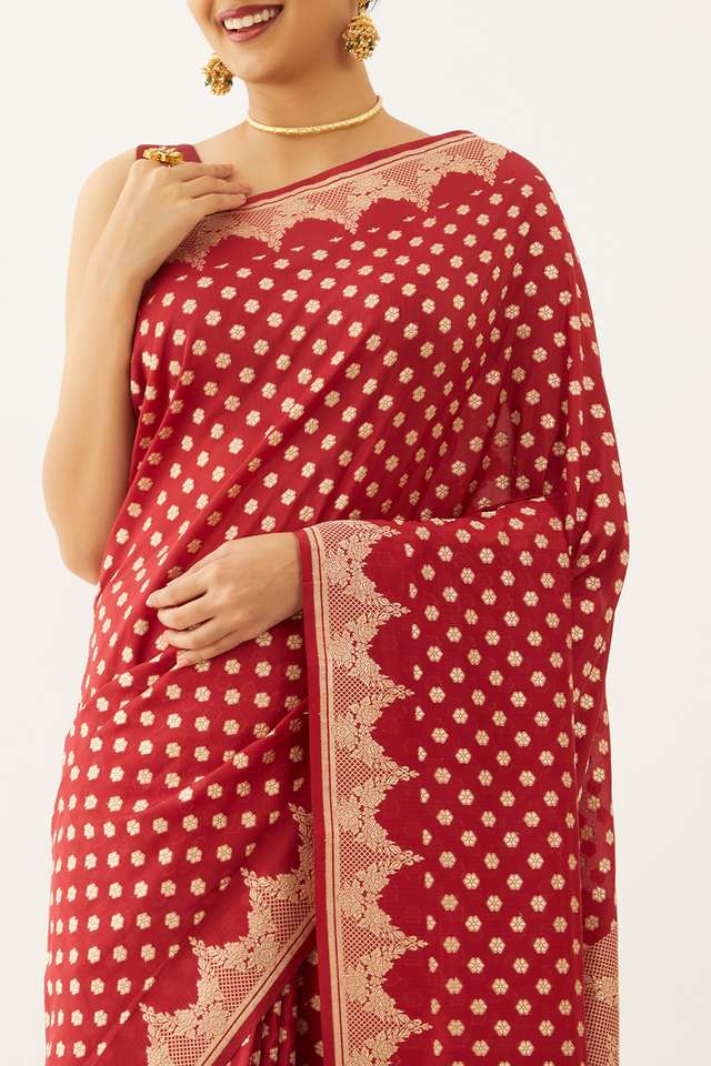 Dark Red Pure Silk Georgette Banarasi Saree thumbnail image number null