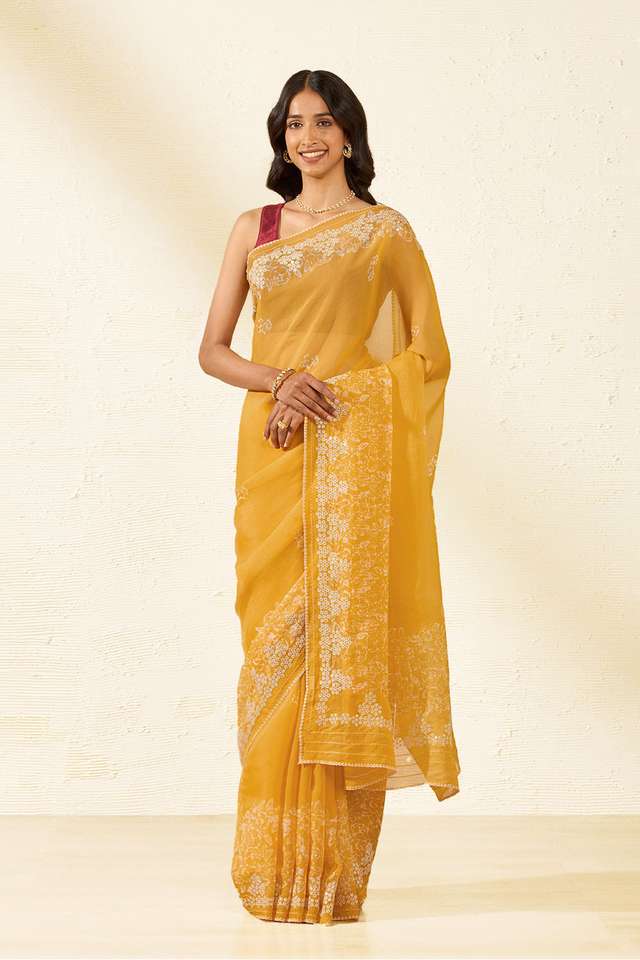 Yellow Tencel Embroidered Saree image number