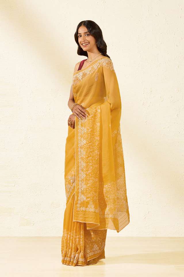 Yellow Tencel Embroidered Saree thumbnail image number null