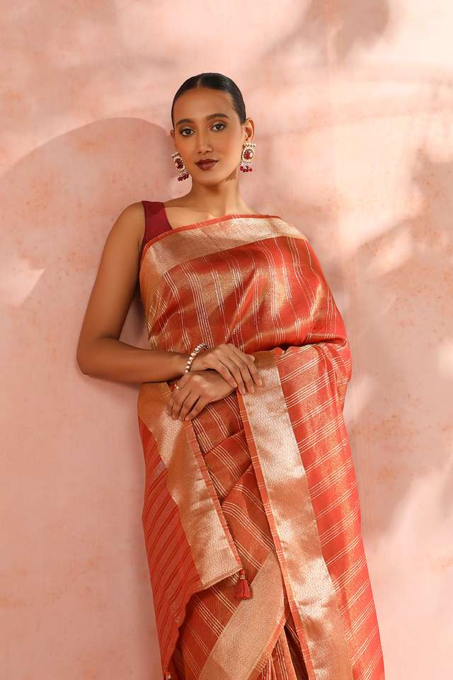 Orange Contemporary Viscose Tissue Woven Saree