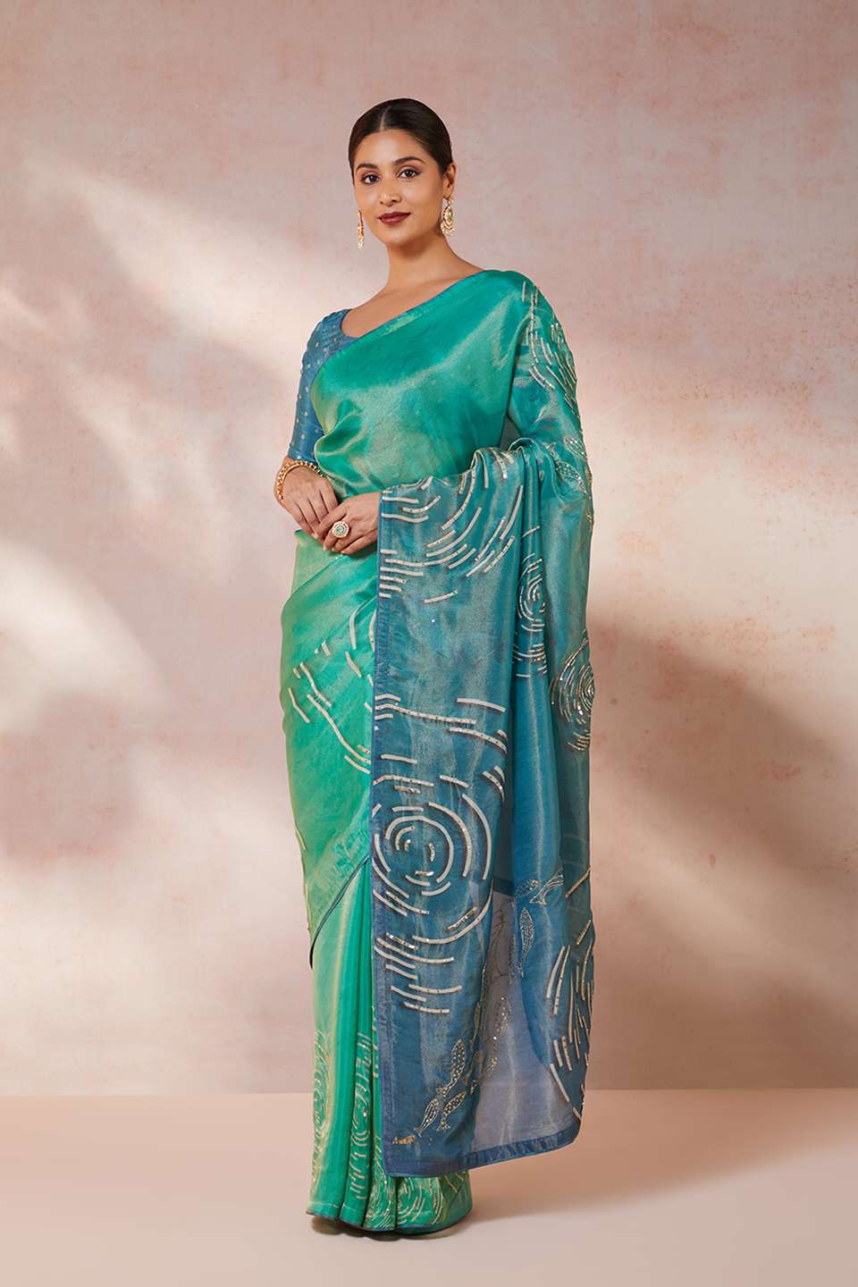 Blue Viscose Tissue Embroidery Saree