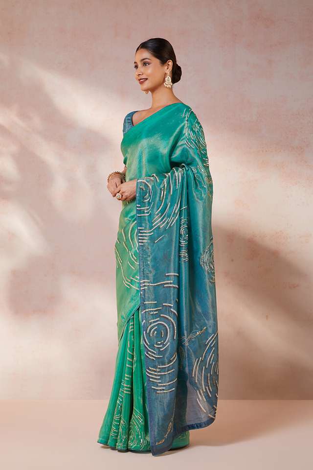 Blue Viscose Tissue Embroidery Saree thumbnail image number null