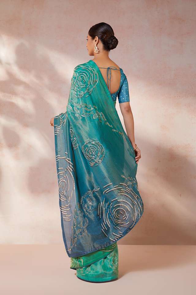 Blue Viscose Tissue Embroidery Saree thumbnail image number null