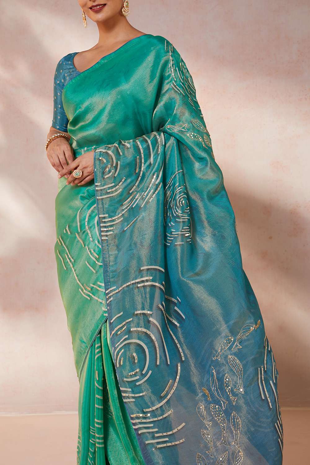 Blue Viscose Tissue Embroidery Saree image number null