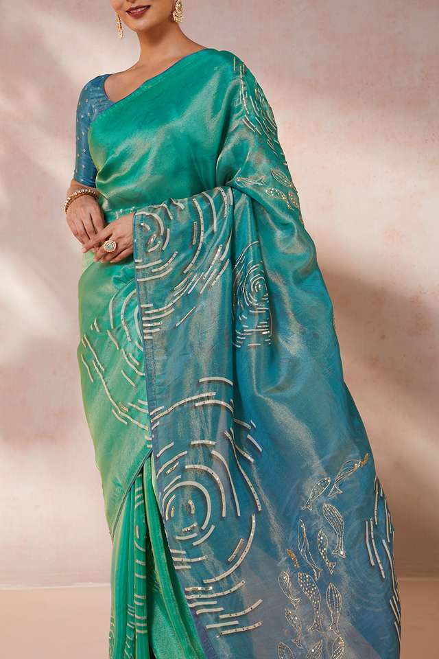 Blue Viscose Tissue Embroidery Saree thumbnail image number null