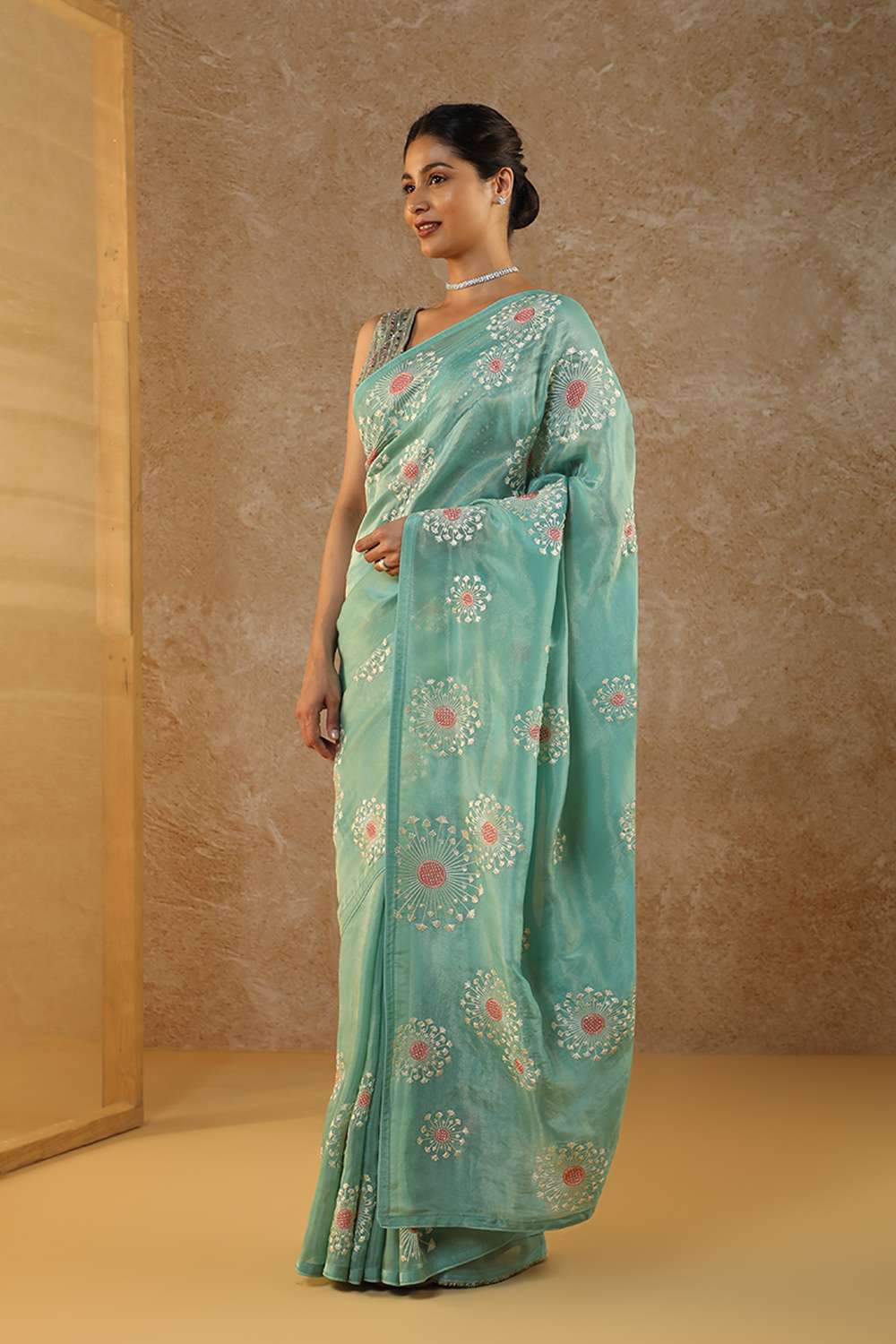 Blue Embroidered Viscose Tissue Saree image number null