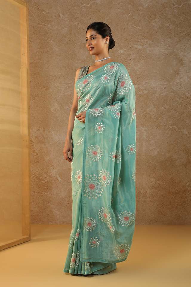 Blue Embroidered Viscose Tissue Saree image number