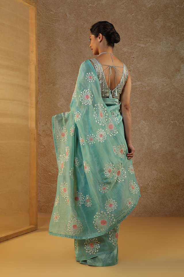 Blue Embroidered Viscose Tissue Saree thumbnail image number null