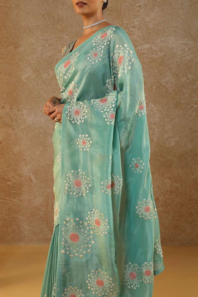 Blue Embroidered Viscose Tissue Saree thumbnail image number null