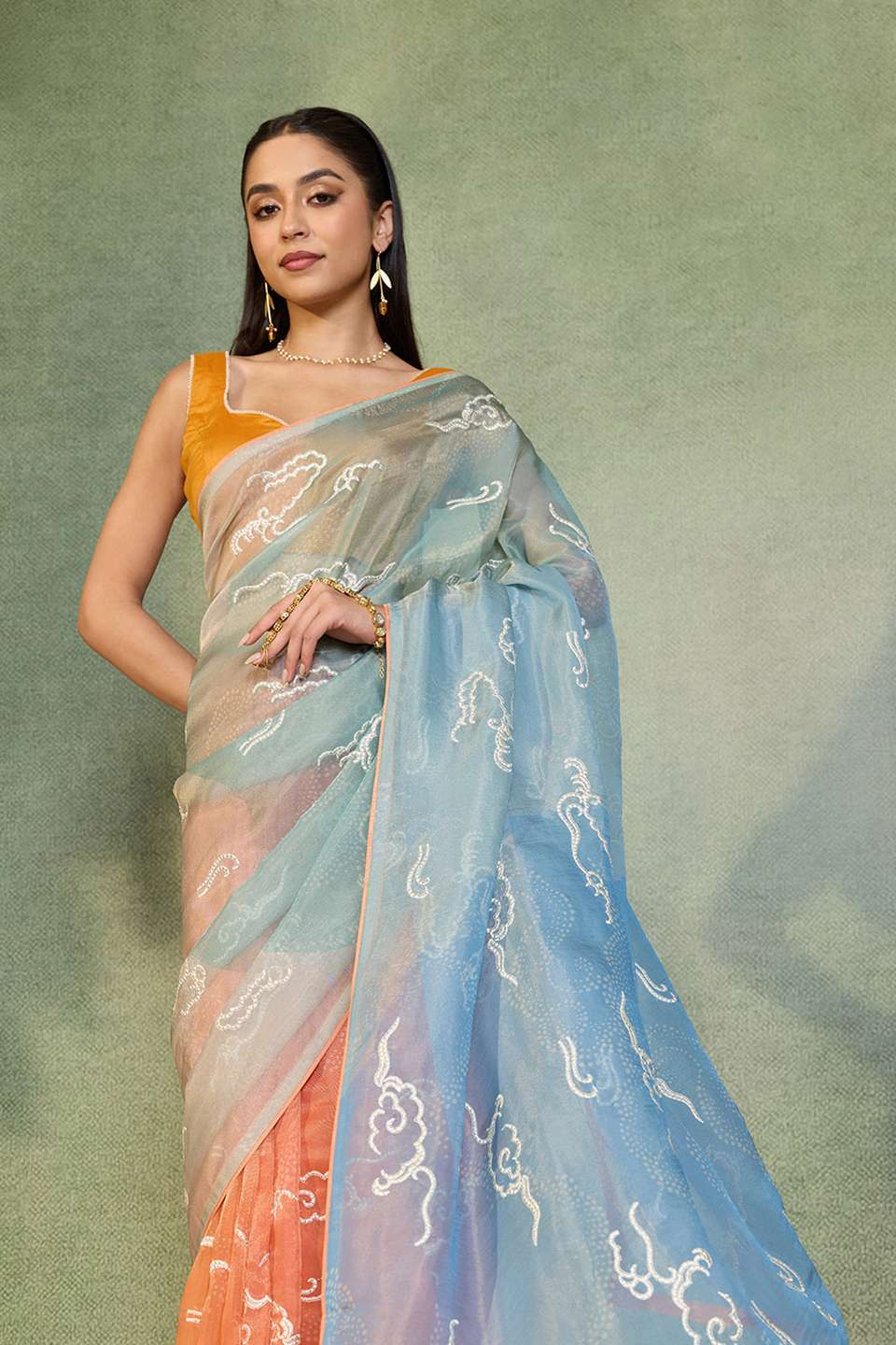 Orange Embroidered Viscose Tissue Saree