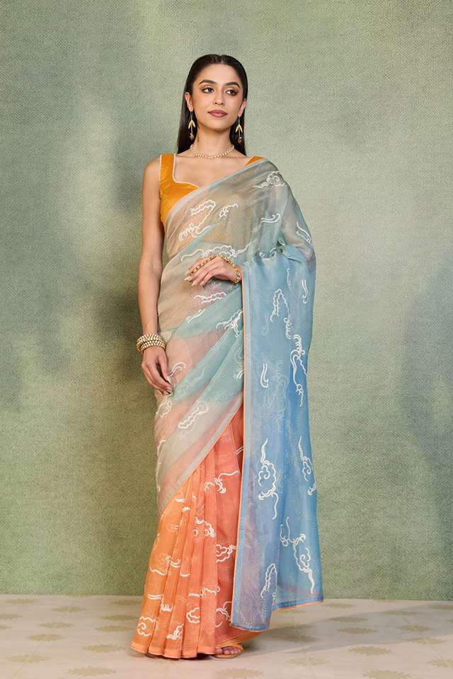 Orange Embroidered Viscose Tissue Saree thumbnail image number null