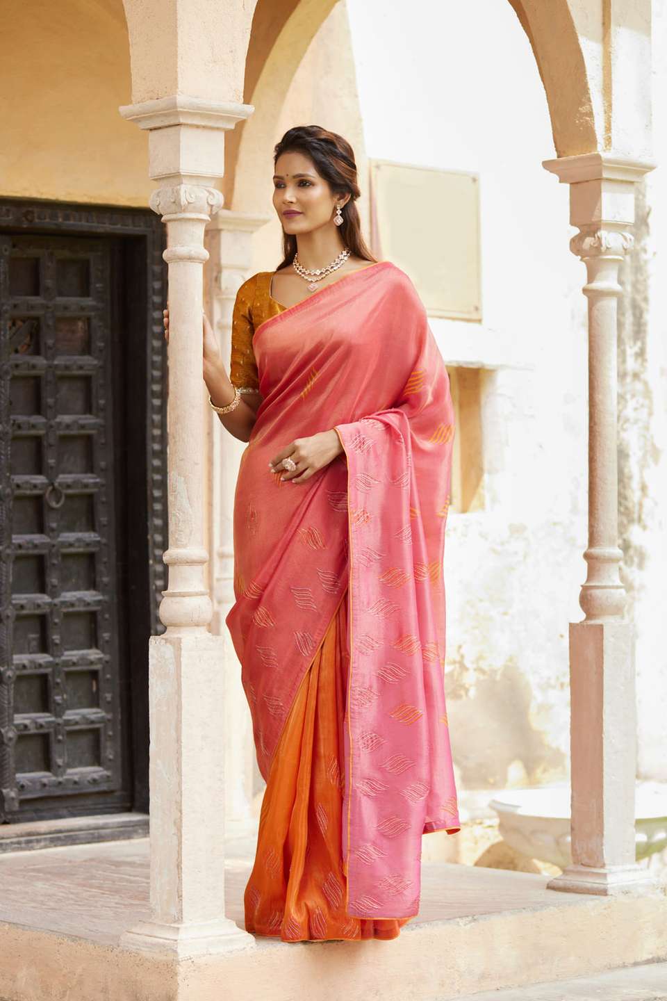 Pink Woven Viscose Tissue Saree