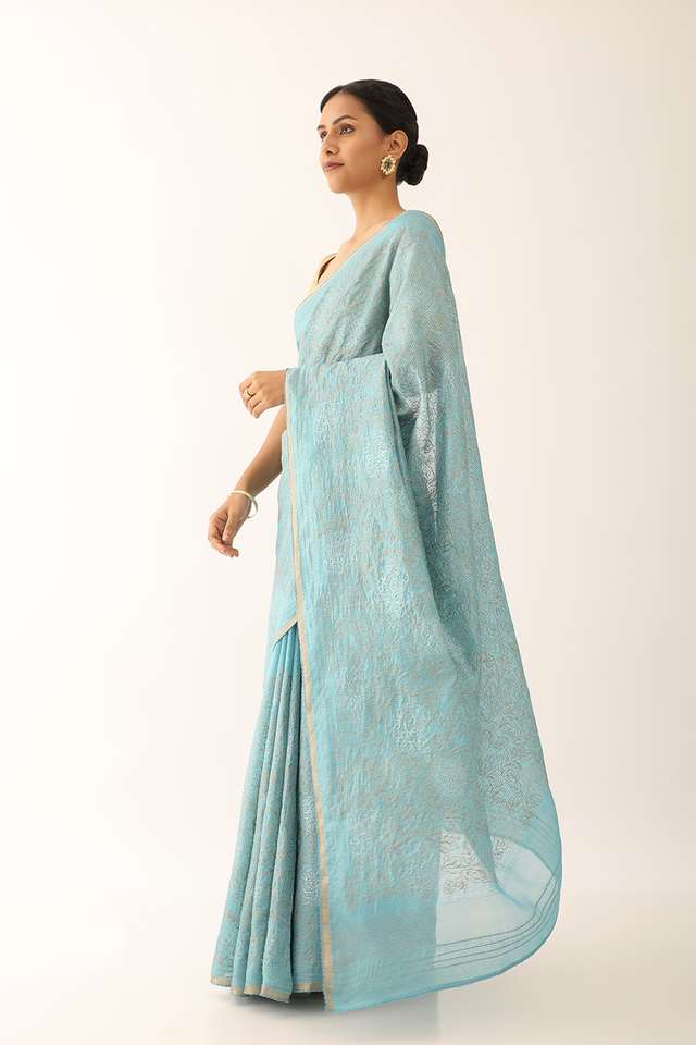 Blue Contemporary Pure Tussar Silk Embroidery Saree thumbnail image number null