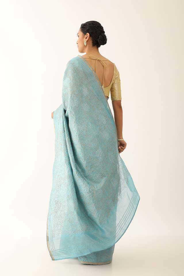 Blue Contemporary Pure Tussar Silk Embroidery Saree thumbnail image number null