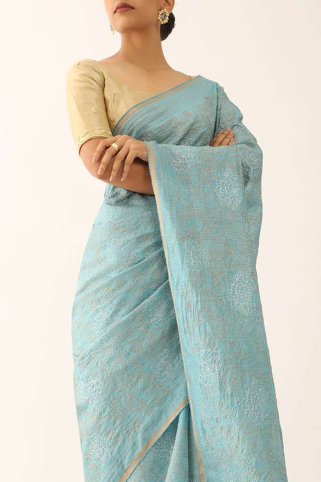 Blue Contemporary Pure Tussar Silk Embroidery Saree thumbnail image number null