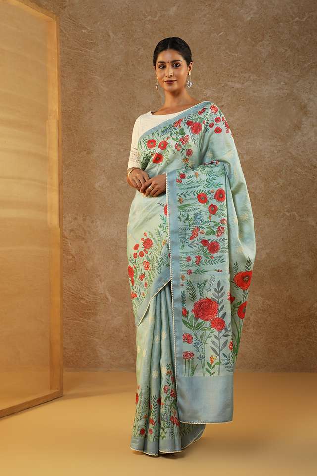 Blue Printed Pure Tussar Silk Saree image number