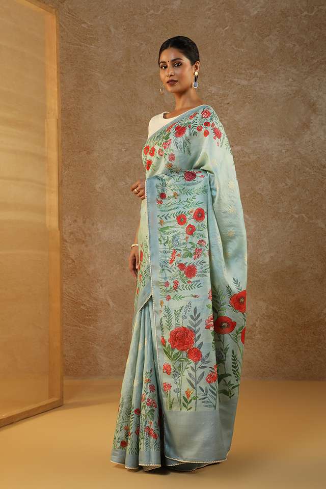 Blue Printed Pure Tussar Silk Saree thumbnail image number null