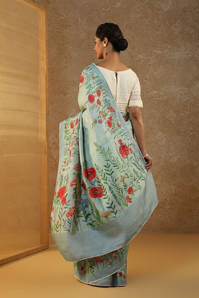 Blue Printed Pure Tussar Silk Saree thumbnail image number null