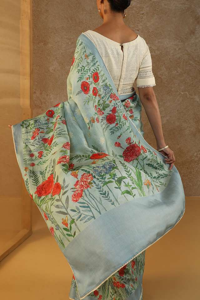 Blue Printed Pure Tussar Silk Saree thumbnail image number null