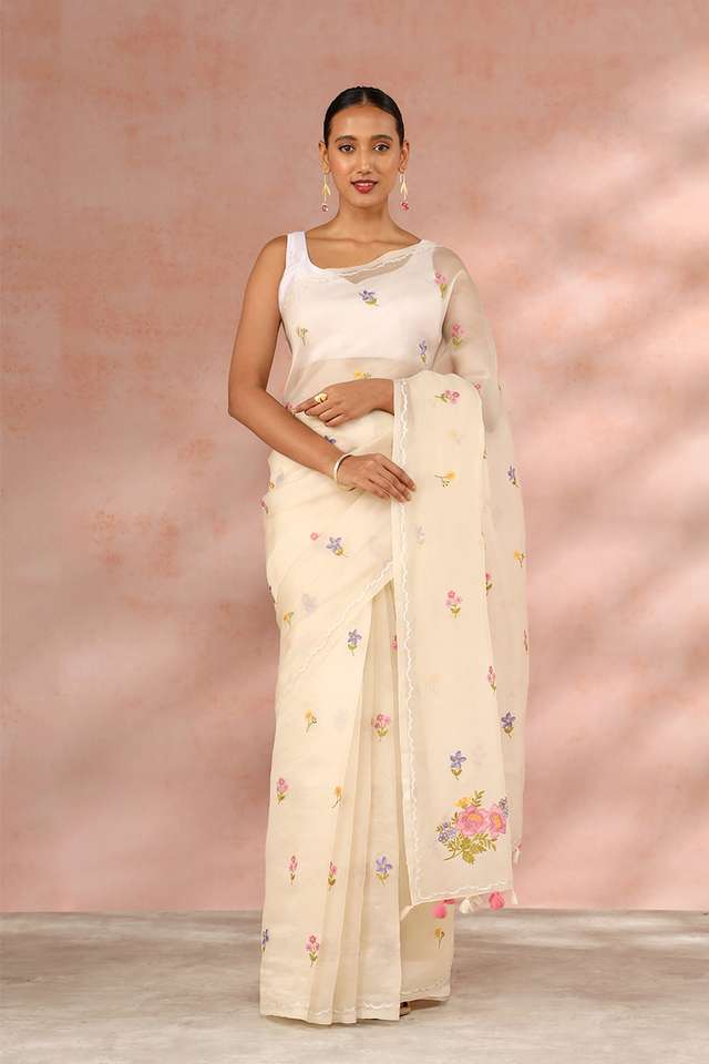 White Contemporary Pure Silk Organza Embroidery Saree image number