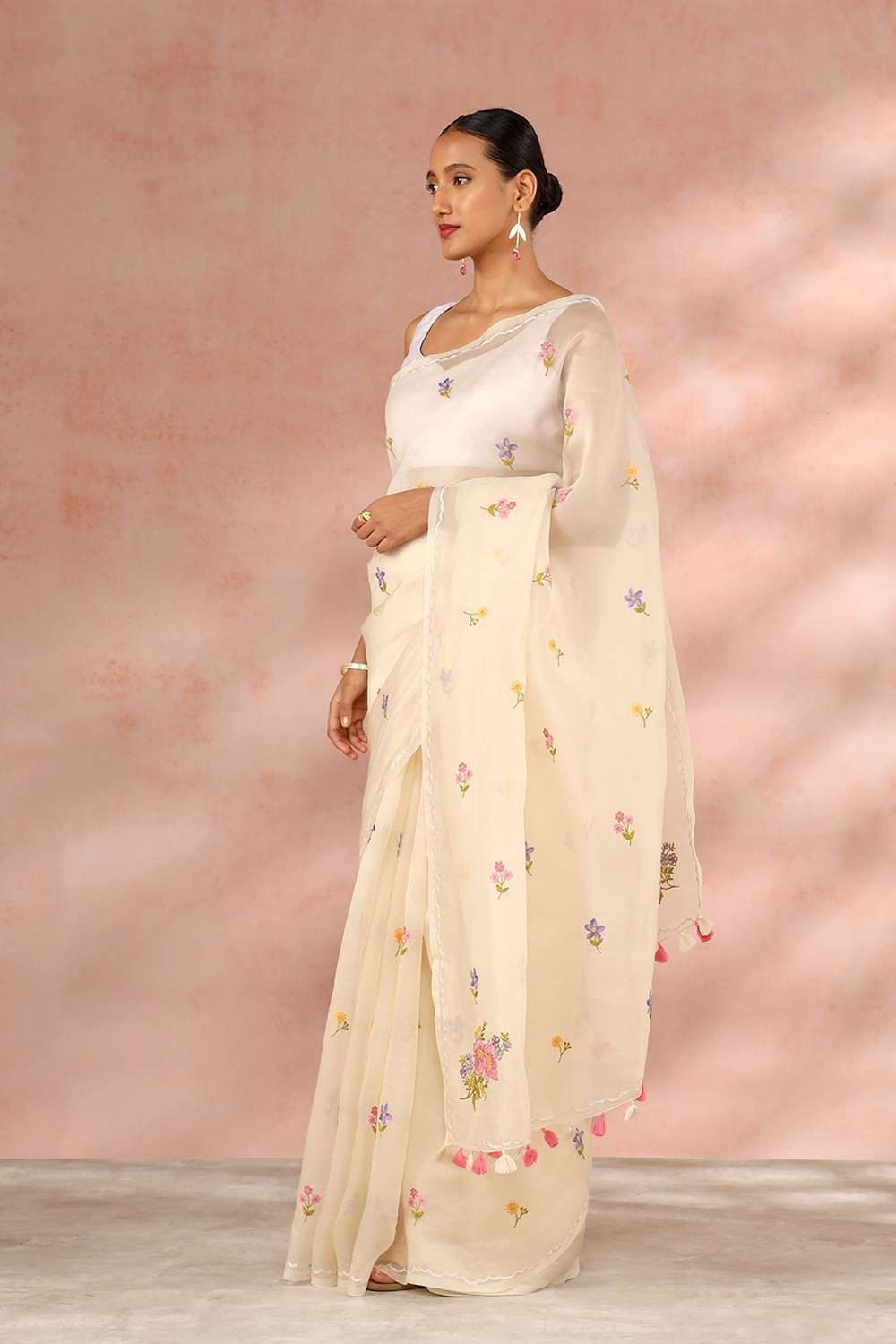 White Contemporary Pure Silk Organza Embroidery Saree image number null