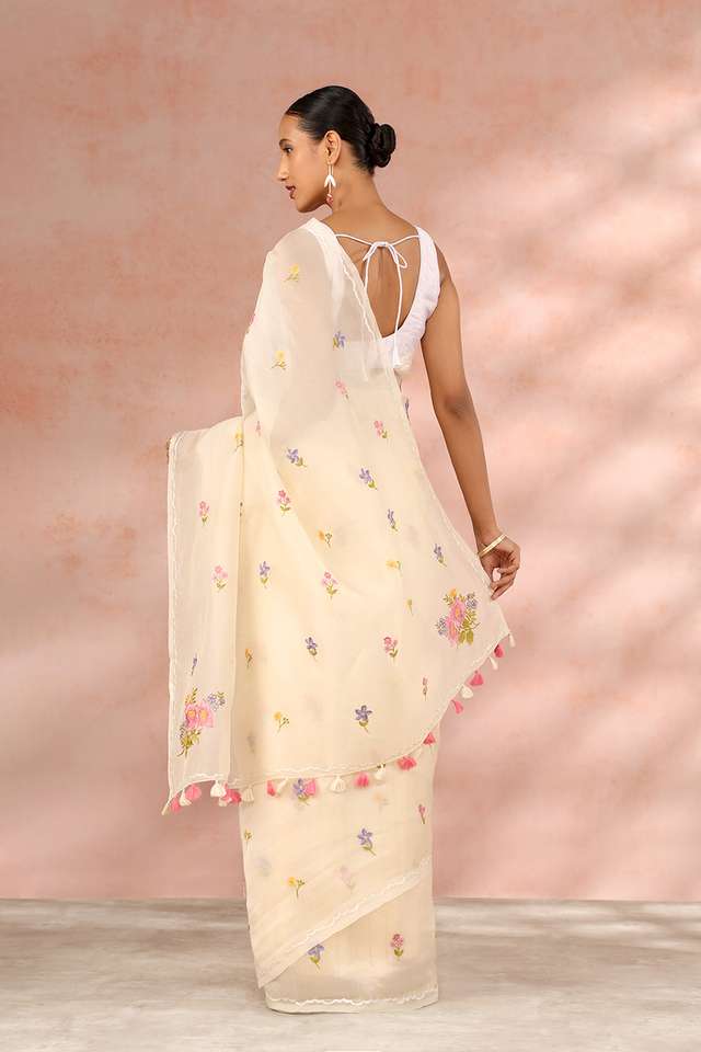 White Contemporary Pure Silk Organza Embroidery Saree thumbnail image number null