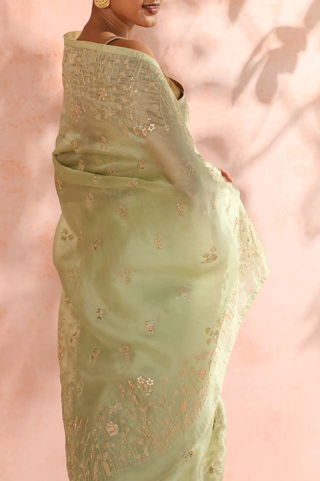 Pistachio Contemporary Pure Silk Organza Embroidery Saree image number