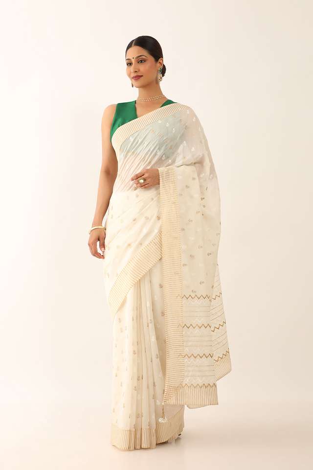 Off White Silk Cotton Embroidery Saree image number