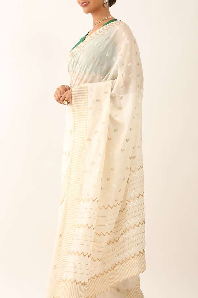 Off White Silk Cotton Embroidery Saree thumbnail image number null